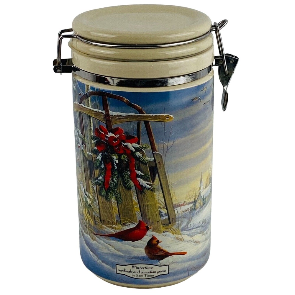 Wild Wings Wintertime Cardinals & Canadian Geese Canister Sam Timm 2006 Crock